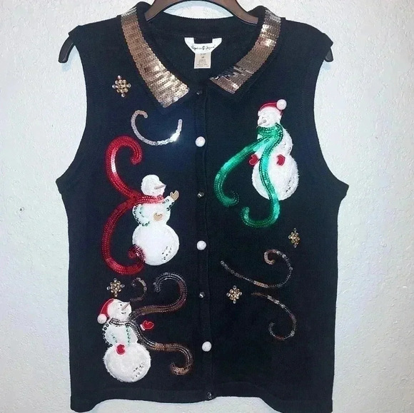 Sophia Jayne Ugly Christmas Sweater Vest Medium Black Sequins Faux Fur Snowman - Picture 1 of 10